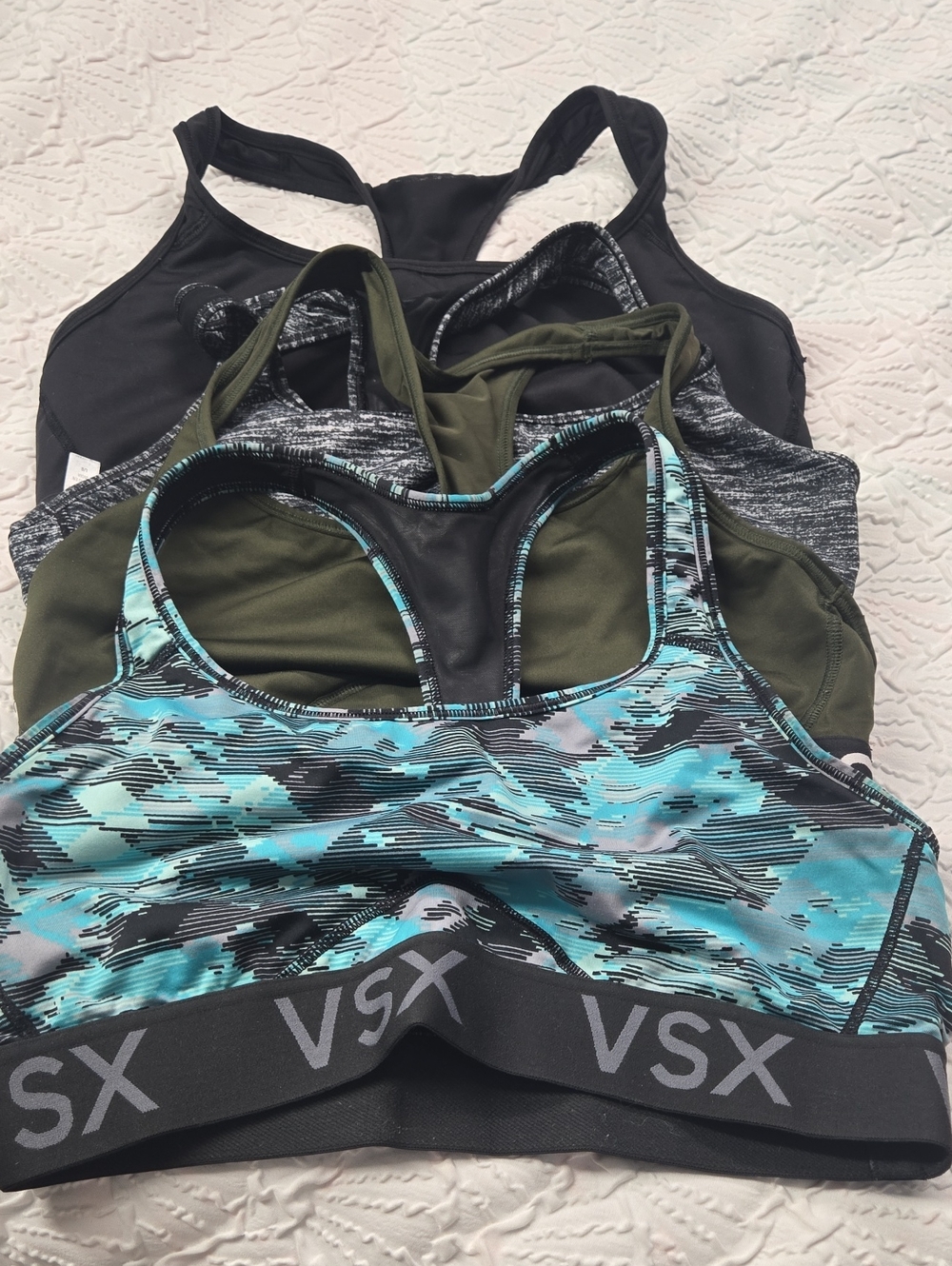 Victoria's Sport VSX Turquoise, Green, Gray & Black Camo Racerback Sports Bras